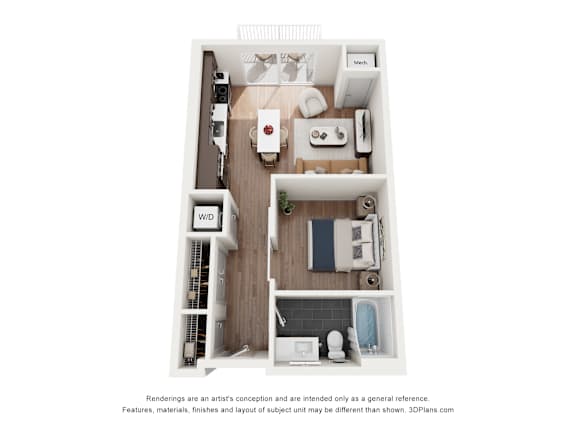 A 3D floor plan of a small apartment with a kitchen, living room, and bathroom.