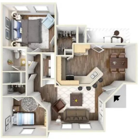 A 3D floor plan of a small apartment with a kitchen, living room, and bathroom.