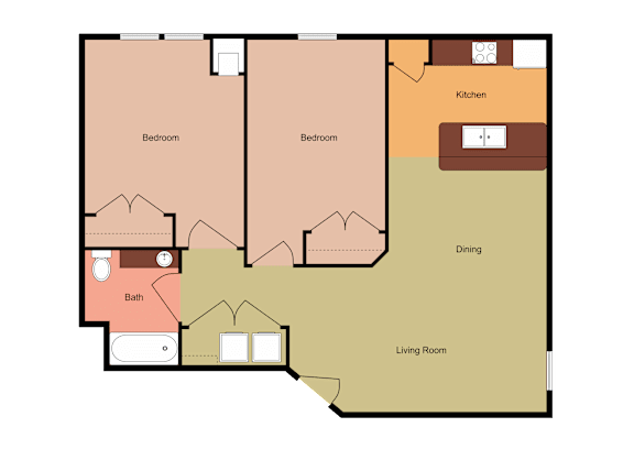 A floor plan of a house with two bedrooms, a bathroom, a kitchen, a dining area, and a living room.