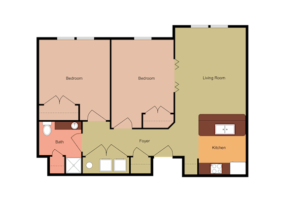 A diagram of a house layout with two bedrooms, a bathroom, a living room, a kitchen, and a foyer.