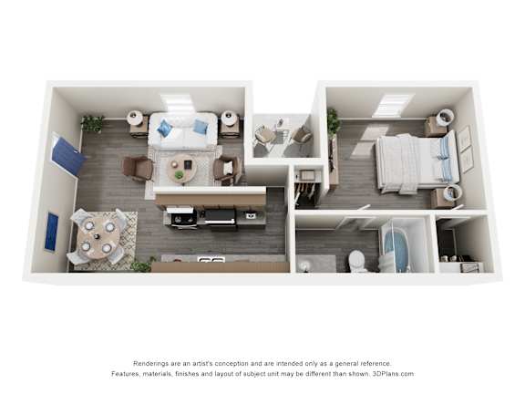 A 3D floor plan of a house with two bedrooms, a living room, a kitchen, and a bathroom.