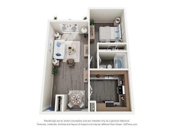 A 3D floor plan of a small apartment with a kitchen, living room, and bathroom.
