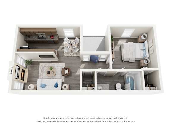 A 3D floor plan of a house with a kitchen, living room, and two bedrooms.