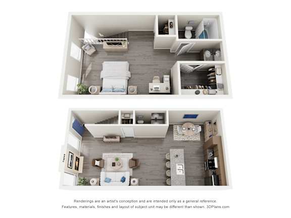 A 3D floor plan of a small apartment with a kitchen, living room, and bedroom.
