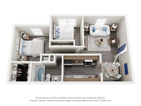 A 3D floor plan of a small apartment with a kitchen, living room, and bathroom.