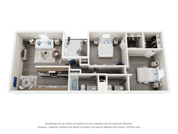 A 3D floor plan of a house with a kitchen, living room, and two bedrooms.