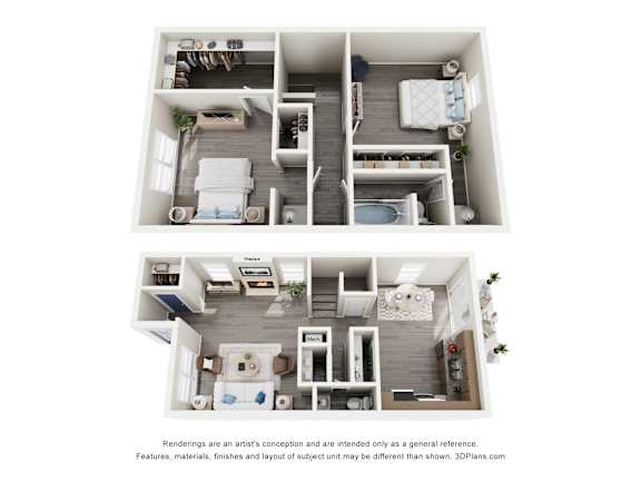 A 3D floor plan of a small apartment with two bedrooms, a living room, and a kitchen.