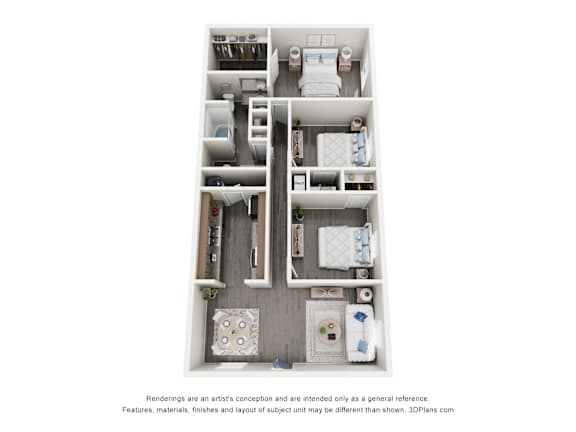 A 3D floor plan of a small apartment with a kitchen, living room, and bathroom.