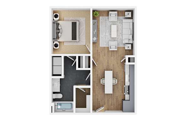 A top-down view of a modern apartment layout with a kitchen, living room, and bathroom.