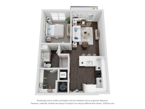 A 3D floor plan of a small apartment with a kitchen, living room, and bathroom.