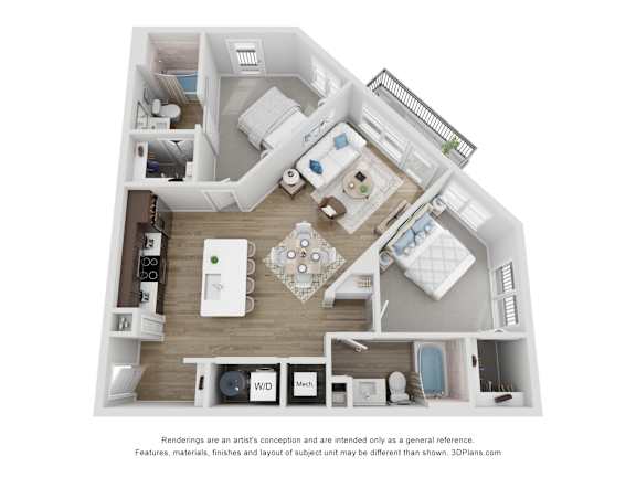 A 3D floor plan of a house with a kitchen, living room, and bathroom.