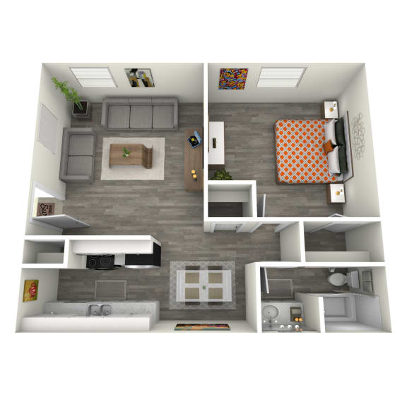 a 3d rendering of our 1 bedroom apartment at university gardens in tempe,az