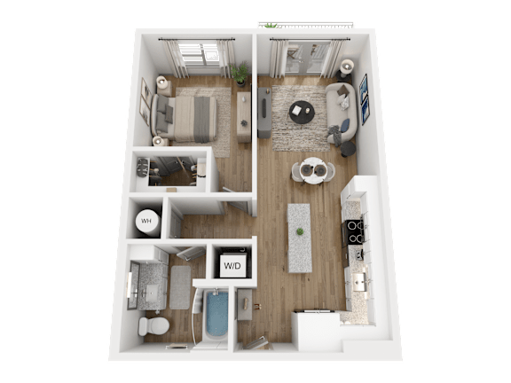 A 3D floor plan of a small apartment with a living room, kitchen, and bathroom.
