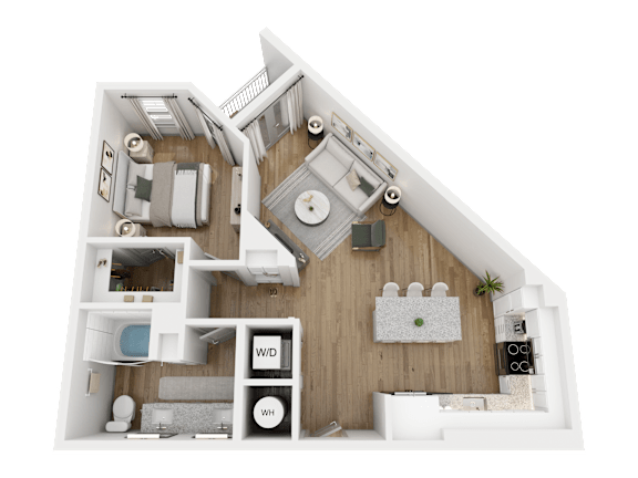 A 3D floor plan of a small apartment with a kitchen, living room, and bathroom.