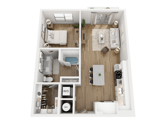 A top-down view of a small apartment layout with labeled sections for W.D and W.H.