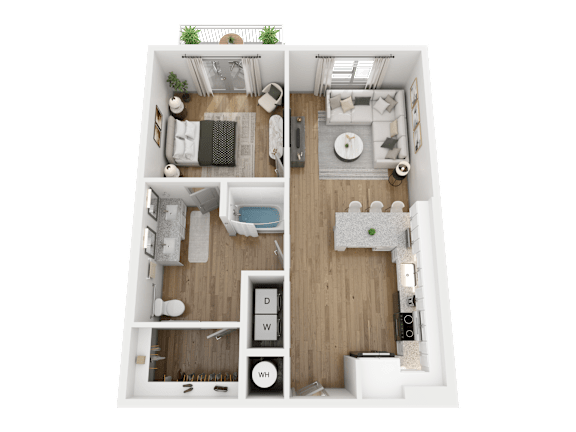 A 3D floor plan of a small apartment with a kitchen, living room, and bathroom.
