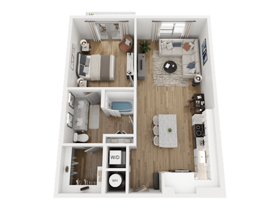 A top-down view of a small apartment with a living room, kitchen, and bathroom.