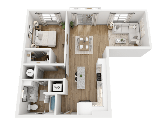 A top-down view of a two-bedroom apartment with a living room, kitchen, and bathrooms.