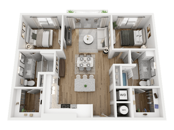 A top-down view of a well-organized apartment layout.