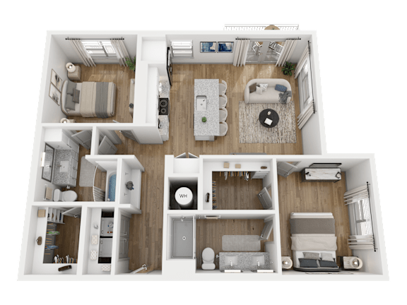 A 3D floor plan of a small apartment with a kitchen, living room, and bedrooms.