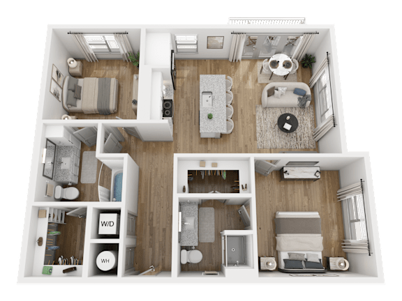 A 3D floor plan of a house layout.