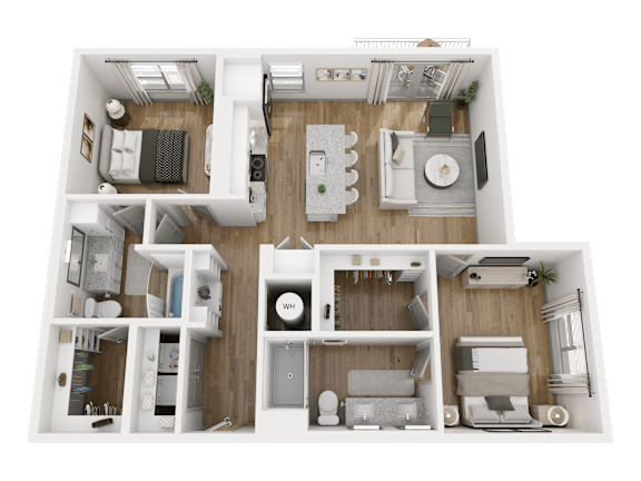 A 3D floor plan of a small apartment with a kitchen, living room, and two bedrooms.