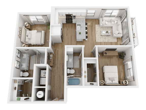 A 3D floor plan of a house with a kitchen, living room, and bathrooms.