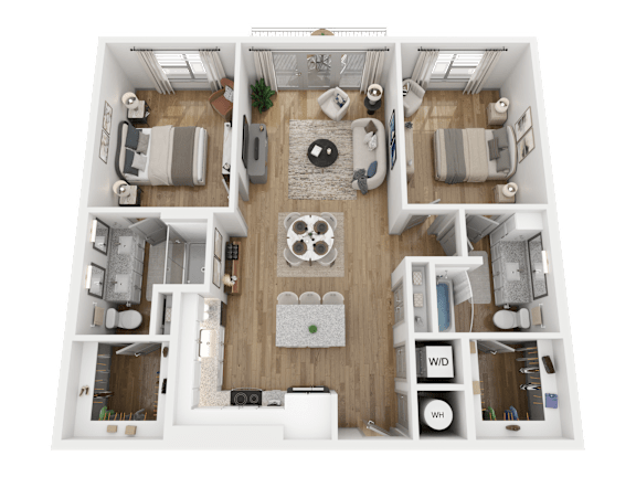A 3D floor plan of a small apartment with a living room, kitchen, and two bedrooms.