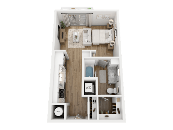 A top-down view of a small, neatly organized living space with a kitchen area, a dining table, and a bed.