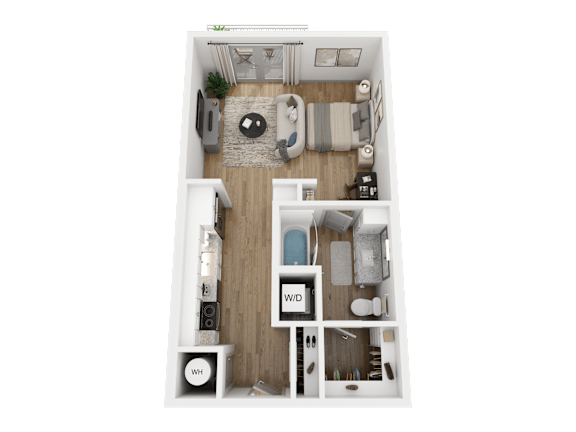 A top-down view of a small apartment layout with a kitchen, living room, bedrooms, and bathrooms.