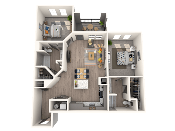 A 3D floor plan of a small apartment with a kitchen, living room, and bedroom.