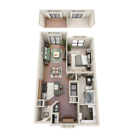 A 3D floor plan of a small apartment with a living room, kitchen, and bedroom.