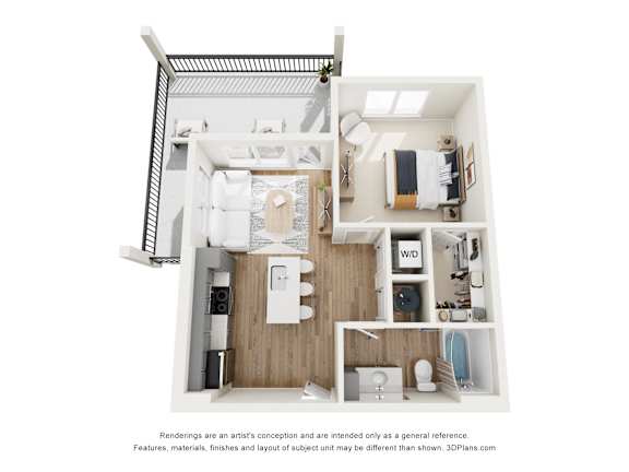 A 3D floor plan of a small apartment with a kitchen, living room, and bathroom.