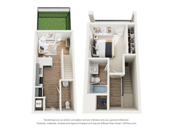 A 3D floor plan of a house with two bedrooms, a living room, a kitchen, a bathroom, and a balcony.