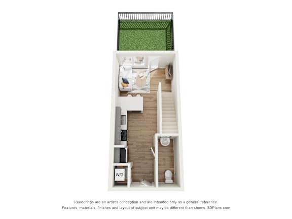 A 3D floor plan of a house with a kitchen, living room, and bathroom.
