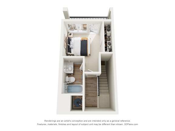 A 3D floor plan of a small apartment with a kitchen, living room, and bedroom.