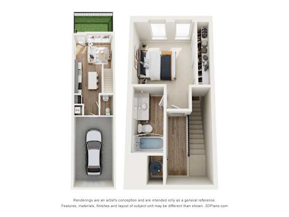 A 3D floor plan of a house with a kitchen, living room, and bathroom.