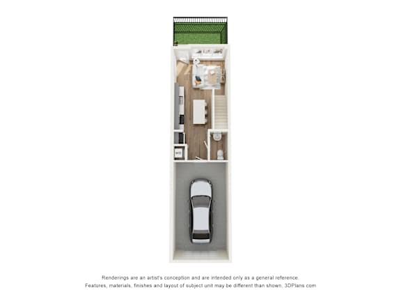 A 3D floor plan of a house with a car parked in the garage.