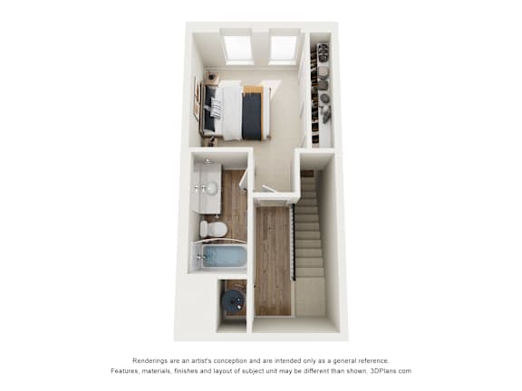 A 3D floor plan of a small apartment with a kitchen, living room, and bathroom.