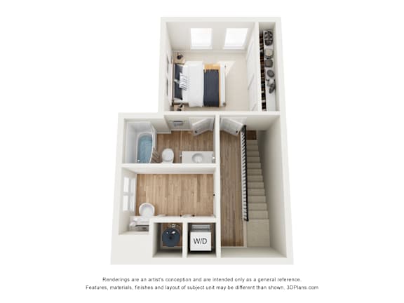 A 3D floor plan of a small apartment with a kitchen, living room, and bathroom.
