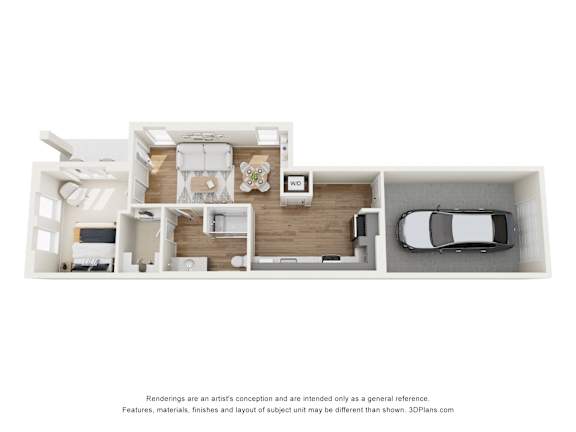 A 3D floor plan of a house with a kitchen, living room, and two bedrooms.