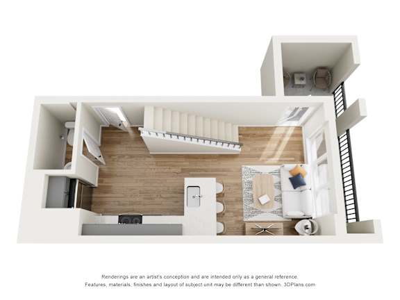 A 3D floor plan of a modern apartment with a kitchen, living room, and bathroom.