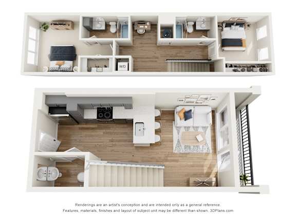 Two images of a small apartment with a kitchen, living room, and bedroom.
