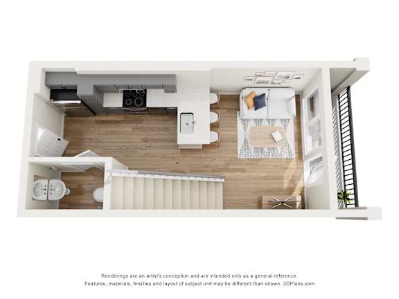 A modern kitchen with a dining area and a living room.