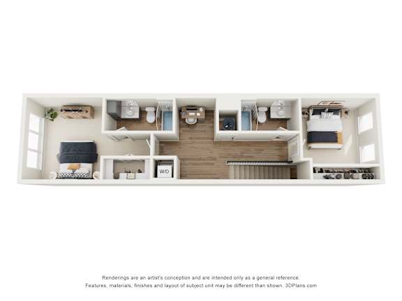 A 3D floor plan of a small apartment with a kitchen, living room, and bathroom.