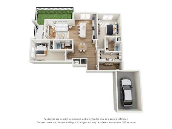 A 3D floor plan of a house with a garage.