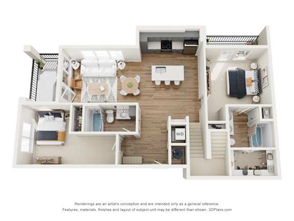 A 3D floor plan of a house with a kitchen, living room, and two bedrooms.