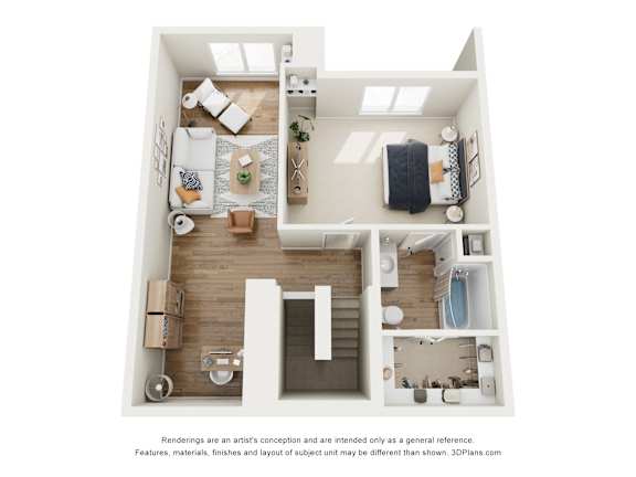 A floor plan of a small apartment with a kitchen, living room, and bathroom.