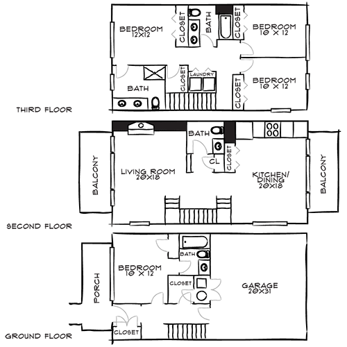 A floor plan of a house with labeled rooms and dimensions.