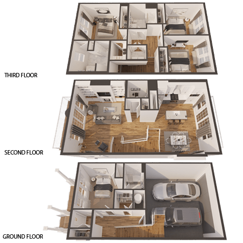 A diagram shows the layout of a three-story apartment.